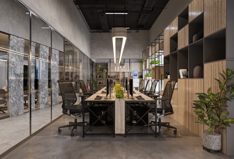 Bureau minimaliste avec des murs en verre et des étagères, créant une atmosphère élégante et ouverte pour le travail collaboratif.